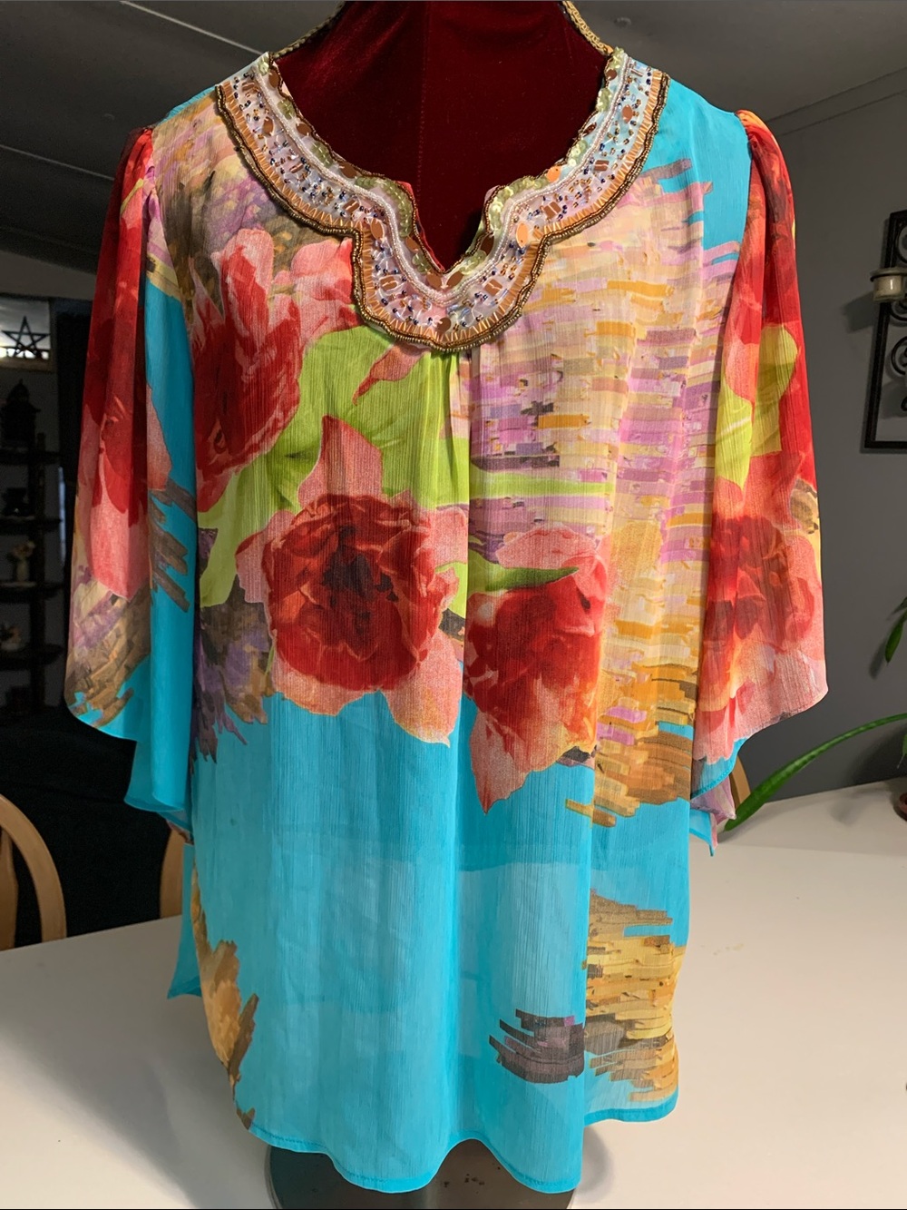 Women's Floral Bead Embrllished Neckline Sheer Blouse
